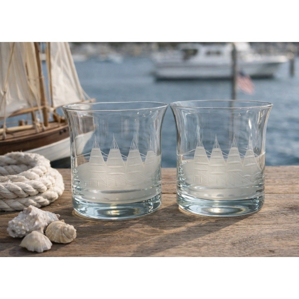 MCM Toscany Glass Clipper Ship Etched Nautical Bar Cocktail Glasses Set of 2